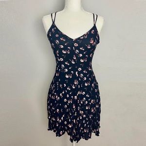 Navy blue pink floral summer mini dress